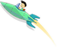 a child in a green rocket flying upwards