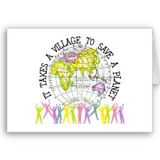 card with people supporting a globe showing it takes a village to save planet